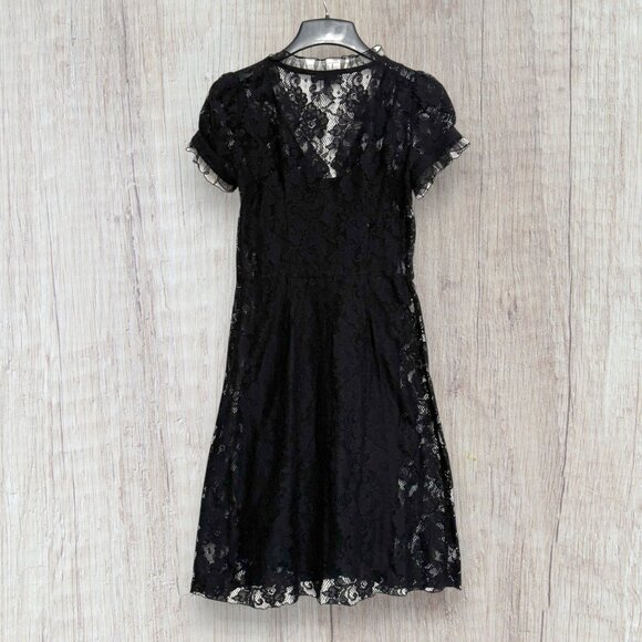 Vintage Y2K Betsey Johnson Black Lace Overlay Dress Slip Puff Sleeve Ruffle Trim - Picture 1 of 11
